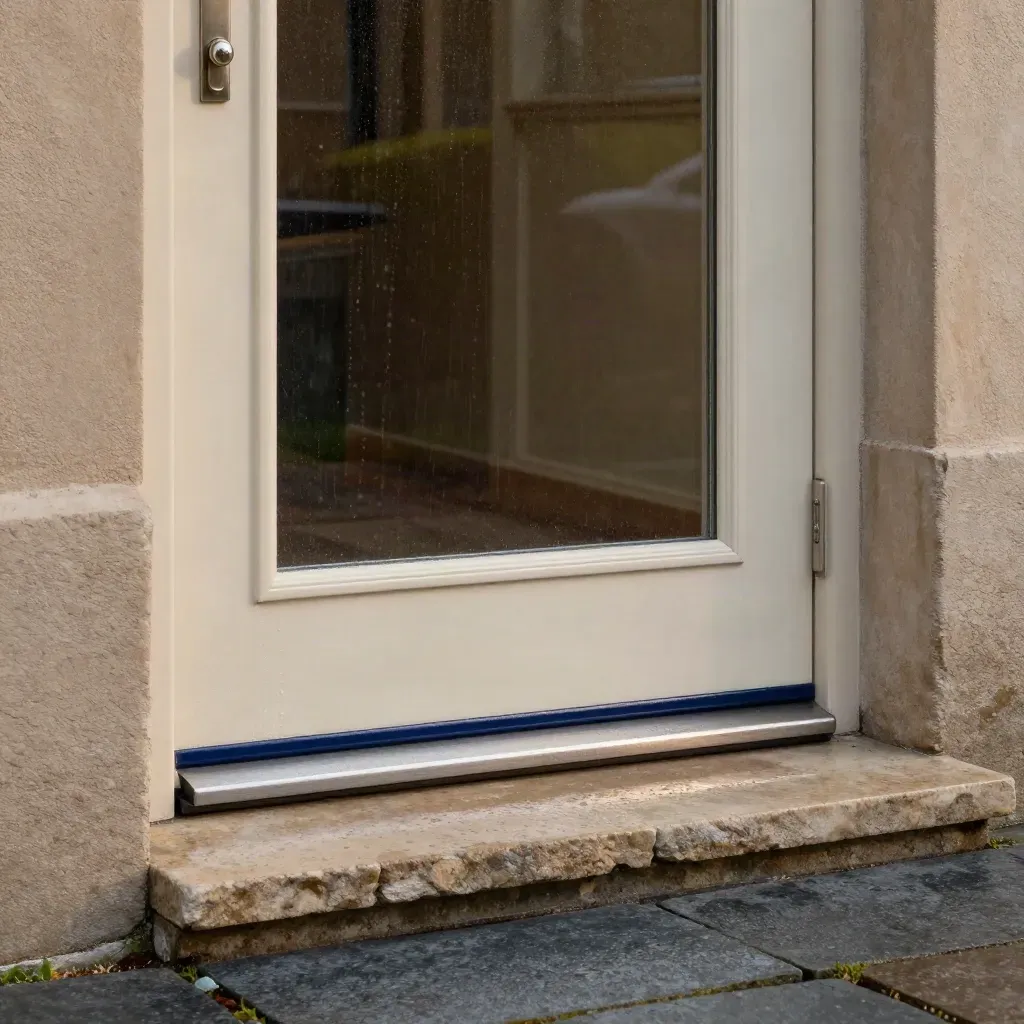 Glazed back door set components on wet limestone with rain beads and cool reflections.