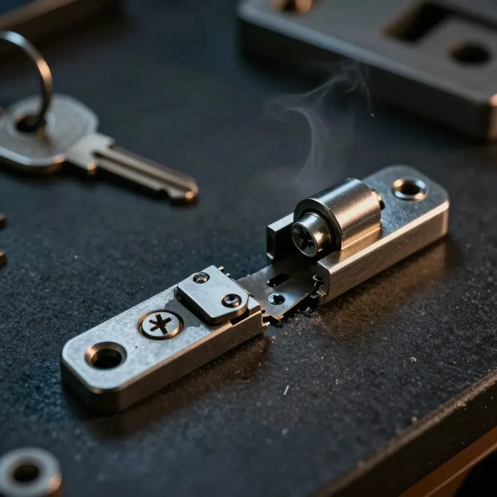 Open multipoint door lock parts on dark felt with cool steel-blue rim light