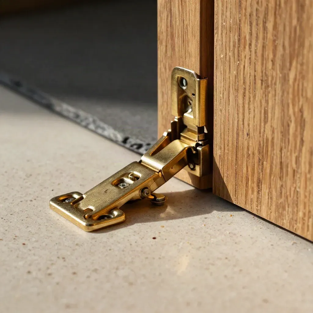 Brass door hinges and a morticed oak edge sample on travertine with sawdust and slate.