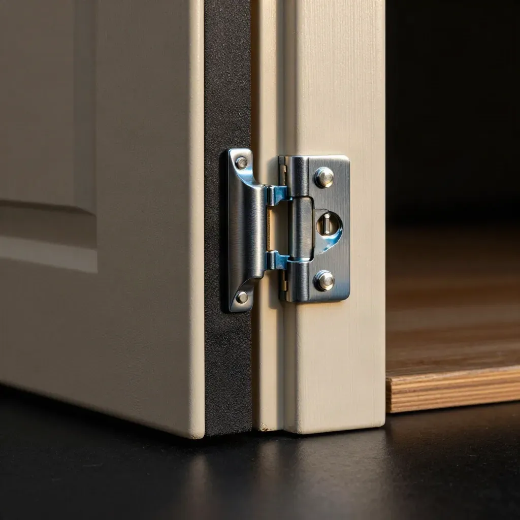 Macro of a fire-rated composite door set with seals, hinge and closer in smoky light.