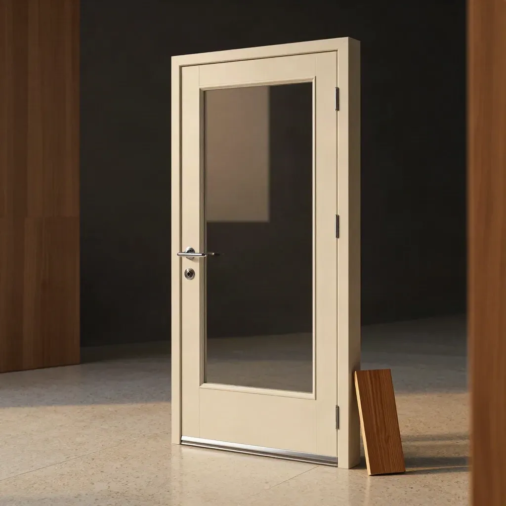 Composite front door hero with glazed panel, chrome handle, oak accent and soft mist.
