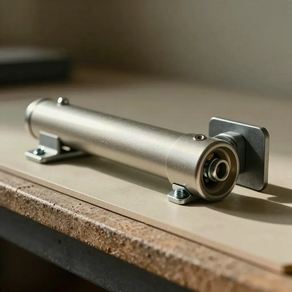 Macro of a satin fire door closer set beside a primed door edge sample on a slate-toned bench.