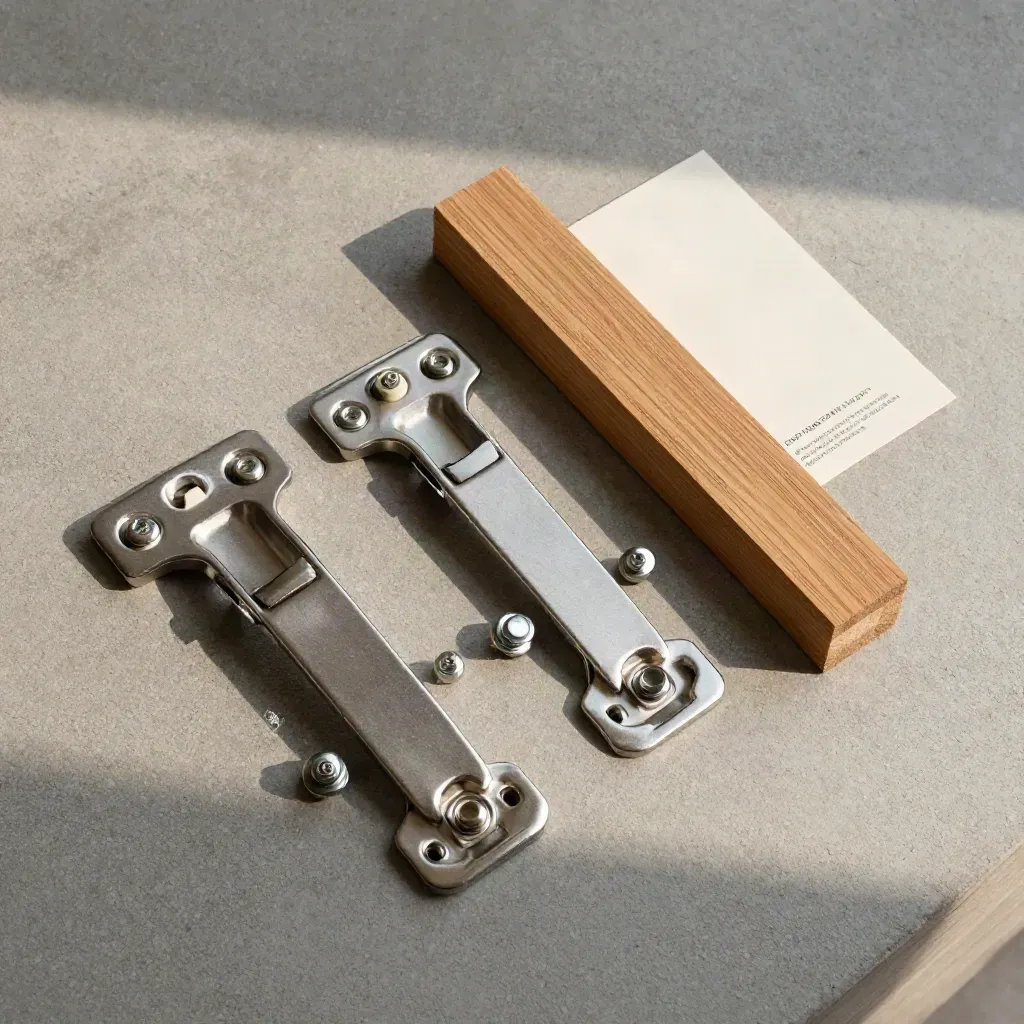 Overhead flatlay of three door hinges, screws and spacers beside a raw oak door-edge offcut