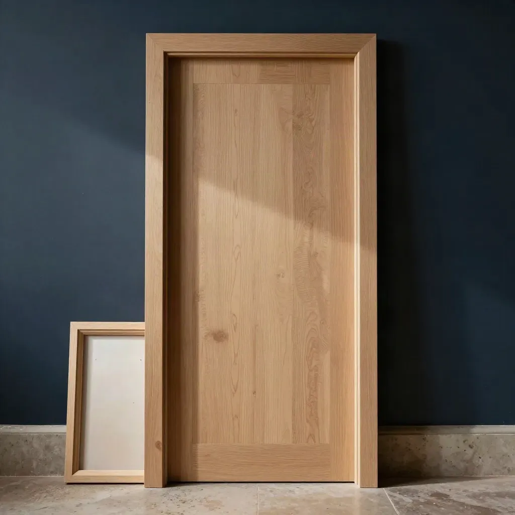 Primed hardwood door blank with trim sample on a travertine plinth in soft studio light
