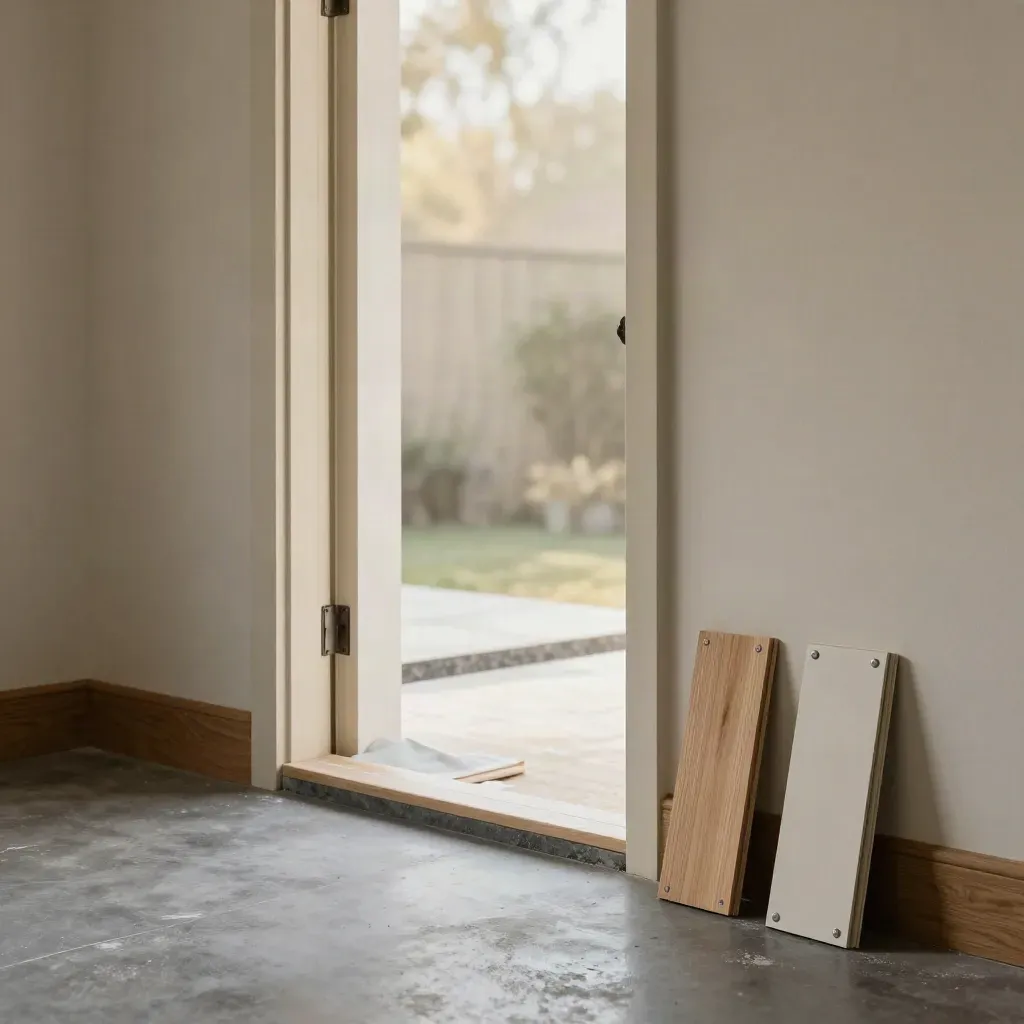 Freshly assessed front doorway with spacer blocks, dust sheet and trim samples in a hazy hall