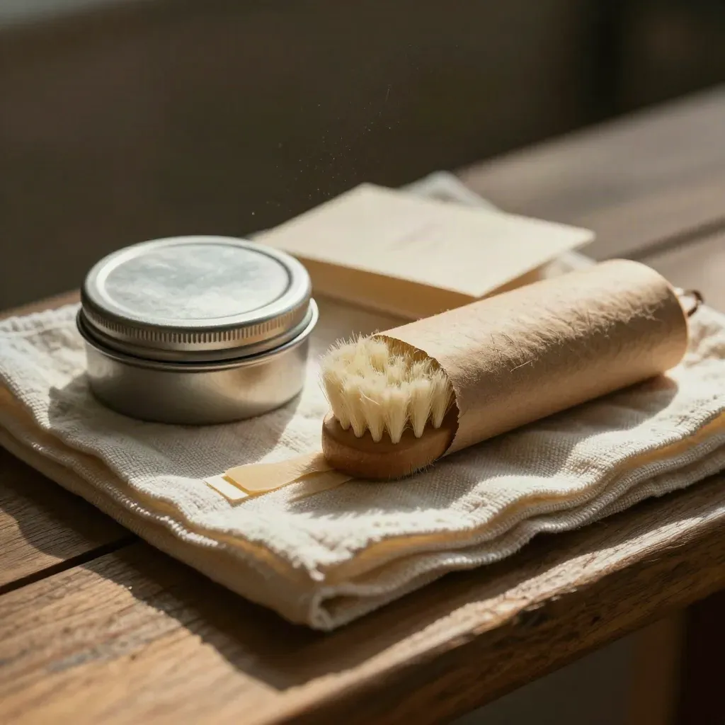 Close-up aftercare kit with cloth, wax tin, brush, seal strip and kraft wrap on an oak bench.