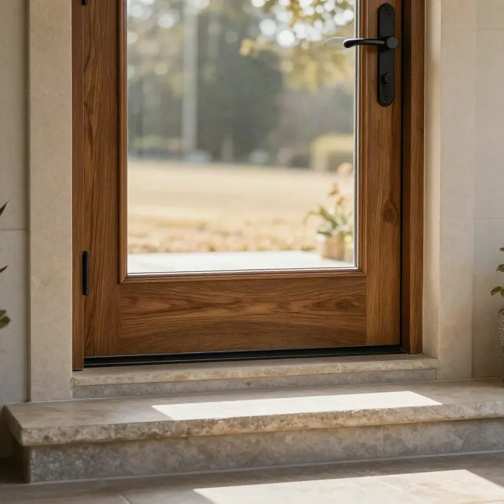 Sunlit oak porch step and stone sill before a softly blurred front-door entry